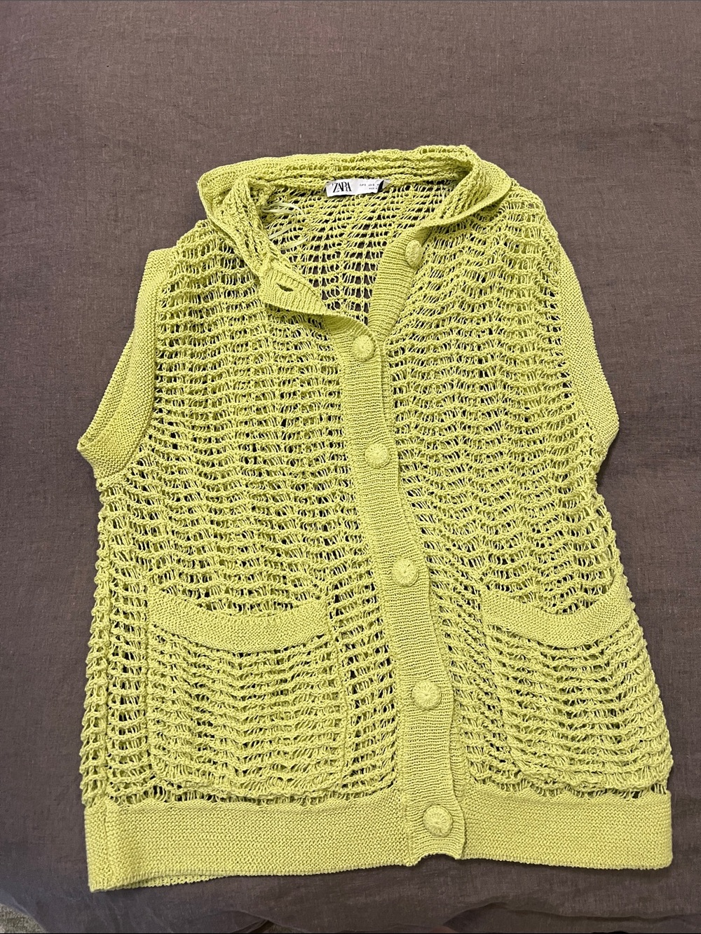 Zara Neon Green Crochet Hooded Button Vest